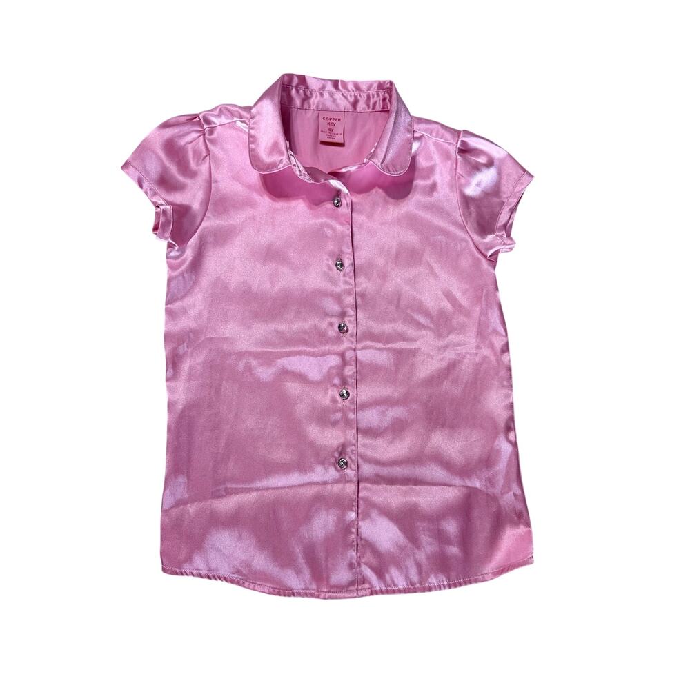 Copper Key Girls Pink Satin Button Front Blouse – Size 6X – Short Sleeve Shirt